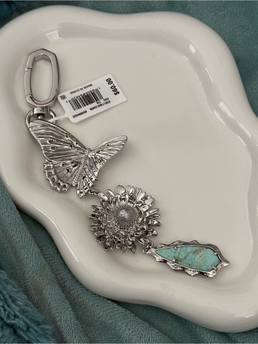 Kendra Scott Silver Butterfly & Turquoise Flower Keychain Charm